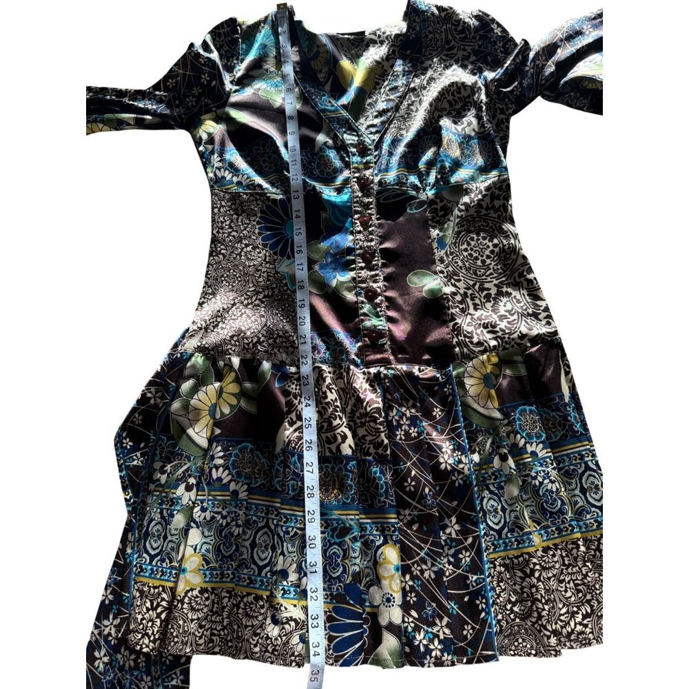 Blu Studio Womens Dress Italian Patchwork Floral Long Sleeve Satin Boho Size S - Picture 6 of 6